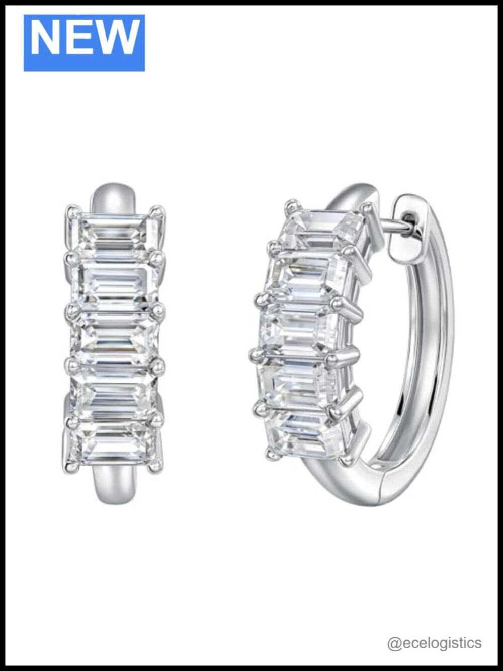 Moissanite Emerald Cut Huggie Earrings VVS1 D Color Sterling Silver Post Hoop